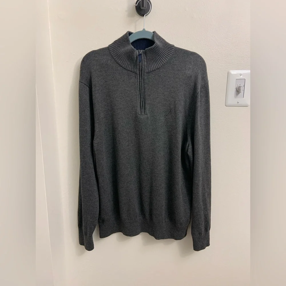 Nautica Gray Quarter Zip Sweater Pullover Ribbed Collar Cotton Blend Men’s Large - Picture 3 of 8